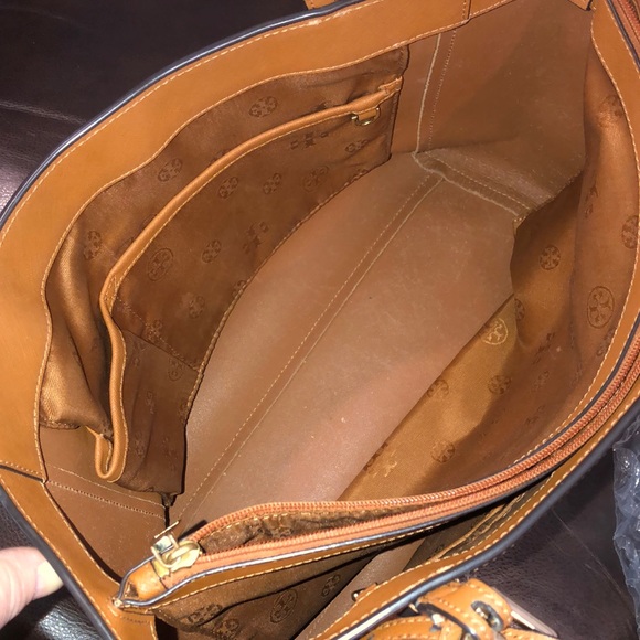 TORY BURCH Saffiano Leather Shoulder Bag Brown Leather Tote Bag Medallion Lining - Picture 13 of 17